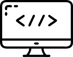 Fototapete - Bold Black Line Art Computer Screen Displaying Simple Code; Modern, Minimalist, Tech Icon; Web Development, Programming Concept.
