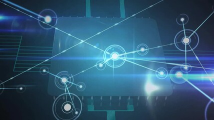 Poster - Microchip opening glowing core ring, emitting beams, materializing nodes, activating data network