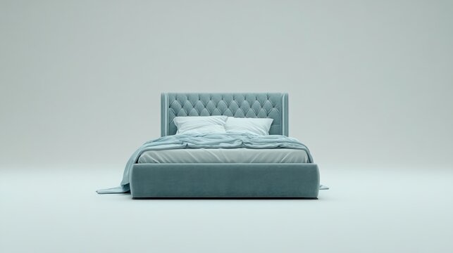 Light teal colored bed with white bedding in a minimalist setting.