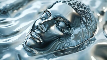 Leinwandbilder - Abstract artistic 3D render of a reflective chrome face emerging from fluid ripples with soft lighting and high contrast