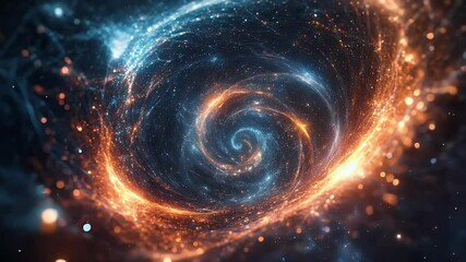 Poster - Abstract glowing vortex with particles in shades of blue and orange swirling against a dark background. Dynamic light effects creating a sense of depth and movement.