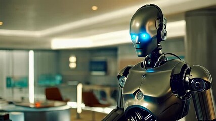 Poster - Futuristic robot in modern interior with blue eyes observing and interacting