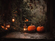 Magiczna, ciemna ścieżka w ogrodzie oświetlona lampionami i dyniami, tworząca tajemniczą i nastrojową atmosferę na Halloween.