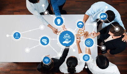 Poster - A diverse group engages in a lively discussion about ethics and law, highlighting concepts of justice, technology, and innovation in a modern workspace setting. Amity