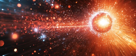 Fototapete - Fiery Particle Stream: Abstract Energy Burst with Bokeh and Light Rays