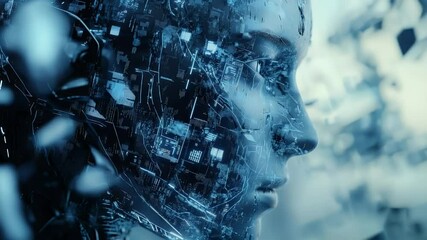 Poster - Profile view of a digital human face with blue glowing circuits and fragmented background. Futuristic artificial intelligence and technological concept.