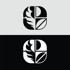 Fototapete - A geometric black and white logo features an abstract leaf design divided into sections, symbolizing nature, growth, and organic wellness in a modern style
