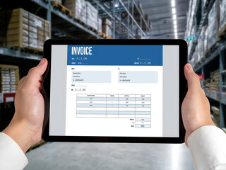 Poster - Invoice on computer screen from accounting application. Computer program for financial and budget of corporate business. Snugly.