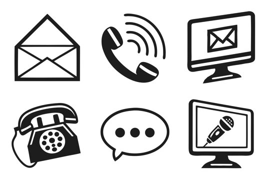 Six communication icons isolated on white background