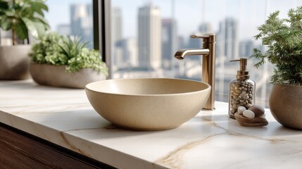 Poster - A white ceramic tile floor enhances the contemporary bathroom, highlighted by natural light and minimalistic greenery for a fresh look