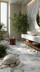 Poster - A white ceramic tile floor enhances the contemporary bathroom, highlighted by natural light and minimalistic greenery for a fresh look