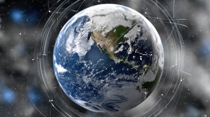 Fototapete - Futuristic digital planet Earth surrounded by luminous circles on a dark background, symbolizing cyber technology and innovation