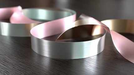 Poster - A dynamic blend of pastel ribbons flows gracefully, showcasing smooth metallic gradients and twisted shapes in a colorful arrangement