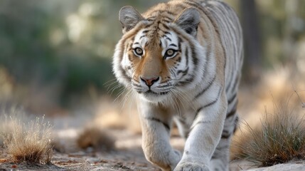  A powerful tiger walks confidently across an open field at golden hour, its intense gaze captivating against a soft-focus background