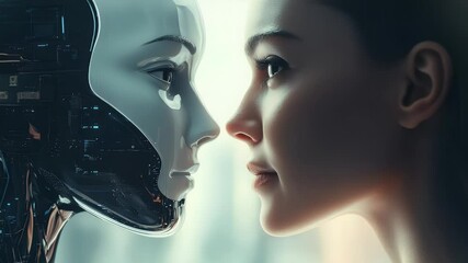 Poster - A human and a robot face each other in a close-up shot emphasizing the contrast between organic and artificial forms. The lighting is soft with a blurred background.
