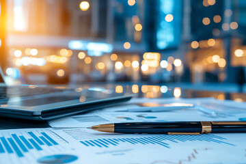 Poster - Collection of financial charts and graphs displayed on desk, accompanied by sleek pen and laptop in background. warm bokeh lights create professional and inviting atmosphere