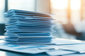 Poster - Stack of financial documents and reports is neatly organized on desk, showcasing various charts and graphs. warm sunlight filters through window, creating productive atmosphere