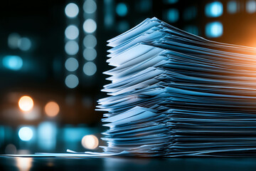 Poster - Stack of documents illuminated by city lights, showcasing blend of blue and orange hues. scene conveys sense of organization amidst urban chaos, perfect for financial or business themes