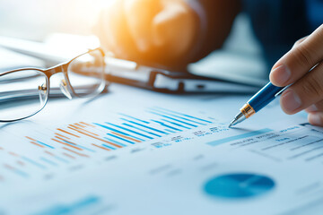 Poster - Business papers with financial data and graphs are analyzed, showcasing trends and insights. focus is on detailed charts and hand holding pen, emphasizing importance of data in decision making