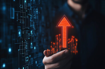 Poster - Digital arrow pointing upward held by businessman, symbolizing growth and success in technology and finance. background features abstract circuit patterns, enhancing futuristic theme