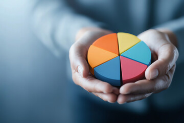 Poster - Close up of hands holding colorful pie chart representing data analysis and statistics, showcasing vibrant segments in blue, orange, yellow, and green