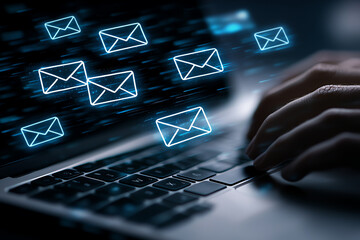 Poster - Digital communication concept with glowing email icons and hand typing on laptop, symbolizing fast information exchange and connectivity in modern world