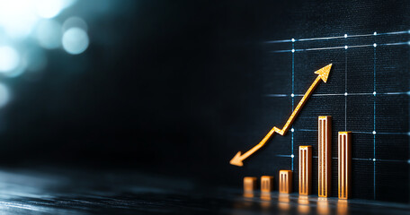 Poster - Business graph displays upward trend with golden bars and arrow, symbolizing growth and success in financial performance. background is dark, enhancing visual impact