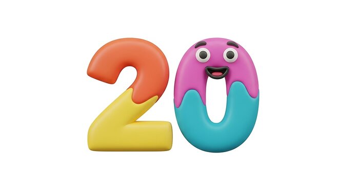 Playful 3D Render of Number Twenty with Cute Cartoon Character