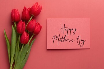  Backround Red. Mother's Day Greeting Card with Tulip Bouquet on Felt Board
