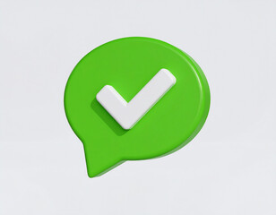 Poster - 3d rendered green chat bubble with white check mark indicating approval or correct confirmation on a clean white background