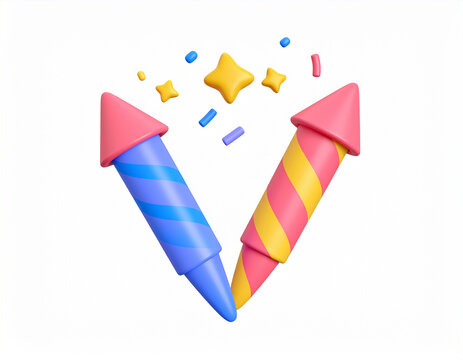 Playful 3d rendered fireworks celebration with colorful rockets stars and confetti isolated on a clean white background.