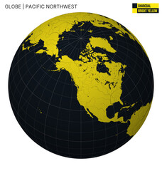 Poster - Vector Globe centered to Pacific Northwest. Charcoal Bright Yellow palette. World map with meridians, parallels, countries, rivers and lakes. Neat vector illustration.