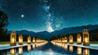 © WINGGOD - Dark water surface hosting a symmetrical, geometric layout of softly glowing floating lanterns under night sky