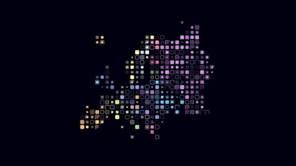 Poster - Europe dotted animation. Shape of the continent build of pulsating colored dots. Large size rounded square blocks. Digital style map on dark background. Plain video.