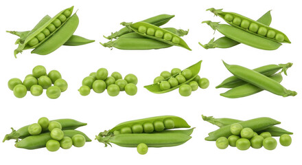 Fresh Green Peas and Pods Displaying a Variety of Shapes and Arrangements for Culinary Use, isolated on a transparent background