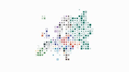 Poster - Europe dotted animation. Shape of the continent build of pulsating colored dots. Large size square blocks. Digital style map on white background. Classy video.
