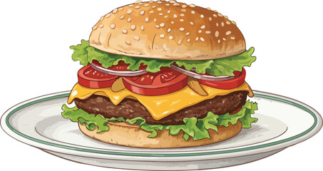 Fototapete - Burger Illustration vector design, Burger Logo design, Burger on plate in white background vector design