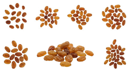 Variety of Raisins Displayed in Different Arrangements for Culinary and Marketing Use, isolated on a transparent background