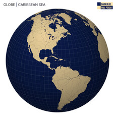 Poster - Vector Globe centered to Caribbean Sea. Dark Blue Pale Peach palette. World map with meridians, parallels, countries, rivers and lakes. Trending vector illustration.