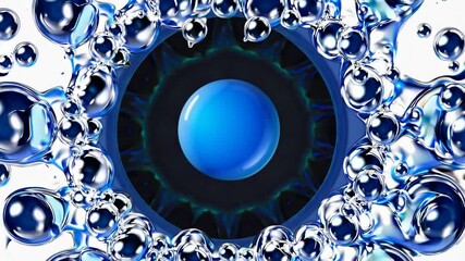 Poster - Metallic bubbles are forming kaleidoscopic patterns, surrounding a central blue sphere on a white background, creating a visually captivating abstract animation
