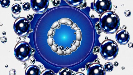 Poster - Metallic bubbles float and coalesce, forming a ring around a central blue light, creating a visually appealing abstract composition on a white background