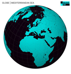 Poster - Vector Globe centered to Mediterranean Sea. Rich Black Aqua palette. World map with meridians, parallels, countries, rivers and lakes. Neat vector illustration.
