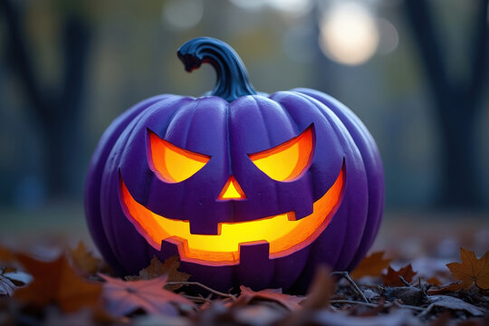 Halloween Illuminated Purple Pumpkin with a Sinister Grin Amidst Fallen Leaves for a Festive Autumnal Display and Seasonal Holiday Decoration