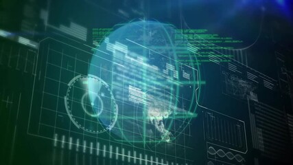 Poster - Dark interface opening wireframe sphere emerging, rotating, charts, gauge, map and code showing