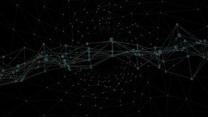 Poster - Upon loading, teal node mesh shifting and rotating, nodes pulsing to reveal geometric complexity