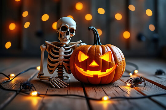 Halloween Skeleton Figure with Glowing Pumpkin on Wooden Surface with String Lights and Spiders for a Festive Autumnal Holiday Scene