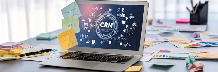 Poster - Sticky note for creative and analytic brainstorm for business idea with BI data dashboard on laptop screen. Analysis financial data visualization tech for marketing strategy. Prodigy
