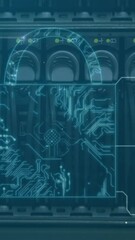 Poster - Security padlock icons and microprocessor connections against close up of computer server