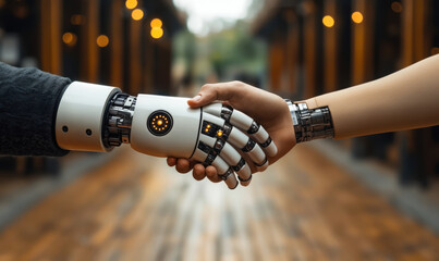 Poster - Close up of human hand shaking robotic hand with advanced mechanical design in blurred indoor corridor background
