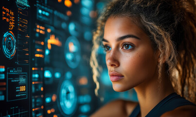 Poster - Young woman analyzing futuristic biometric data and digital interface with glowing orange and blue holograms for health and fitness monitoring and personalized coaching technology concept